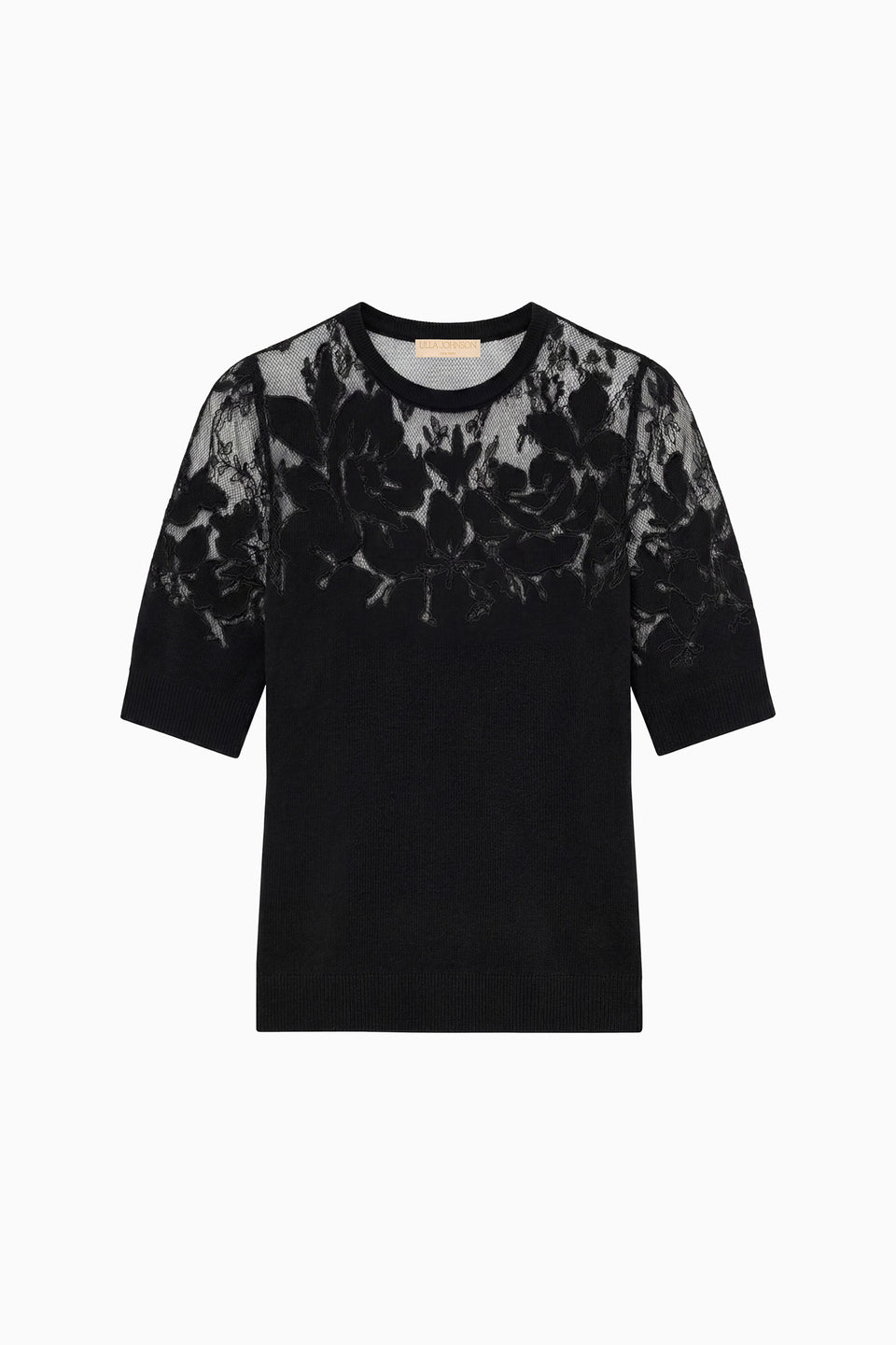 Noir Merino Wool Ella Short Sleeve Lace Top, Floral Chantilly Yoke - Flat Lay | Ulla Johnson
