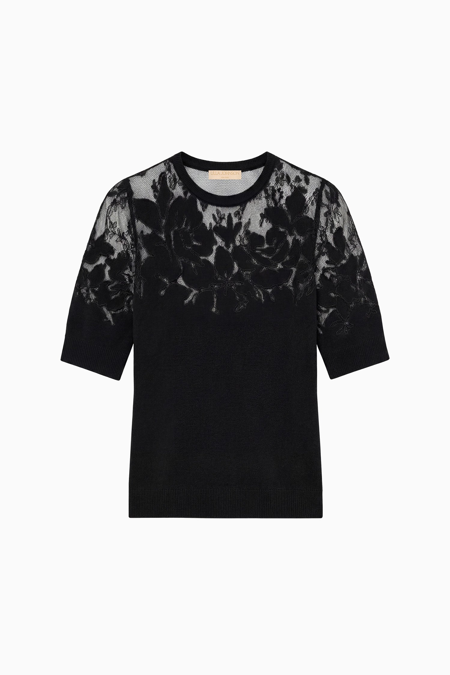 Ulla Johnson Noir Merino Wool Ella Short Sleeve Lace Top, Floral Chantilly Yoke - Flat Lay | Ulla Johnson