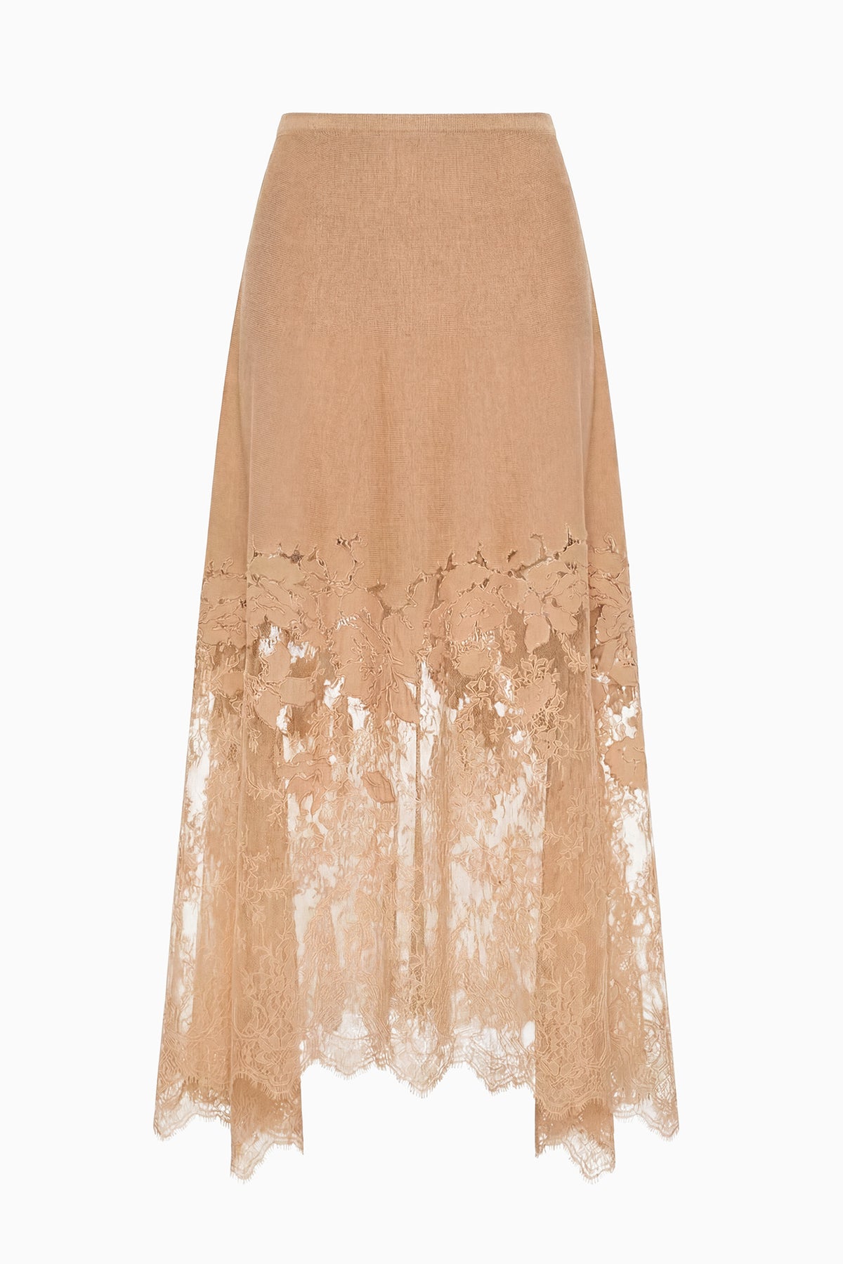 Almond Merino Wool Lace Midi Skirt - Flat Lay, Embroidered Floral Lace | Ulla Johnson