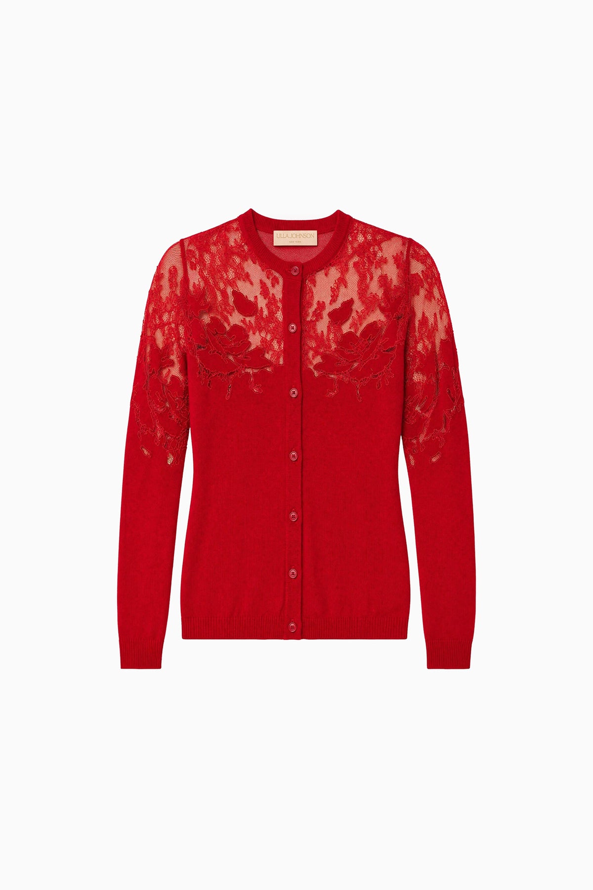 Cerise Merino Wool Talia Lace Cardigan - Flat Lay, Designer Knitwear | Ulla Johnson