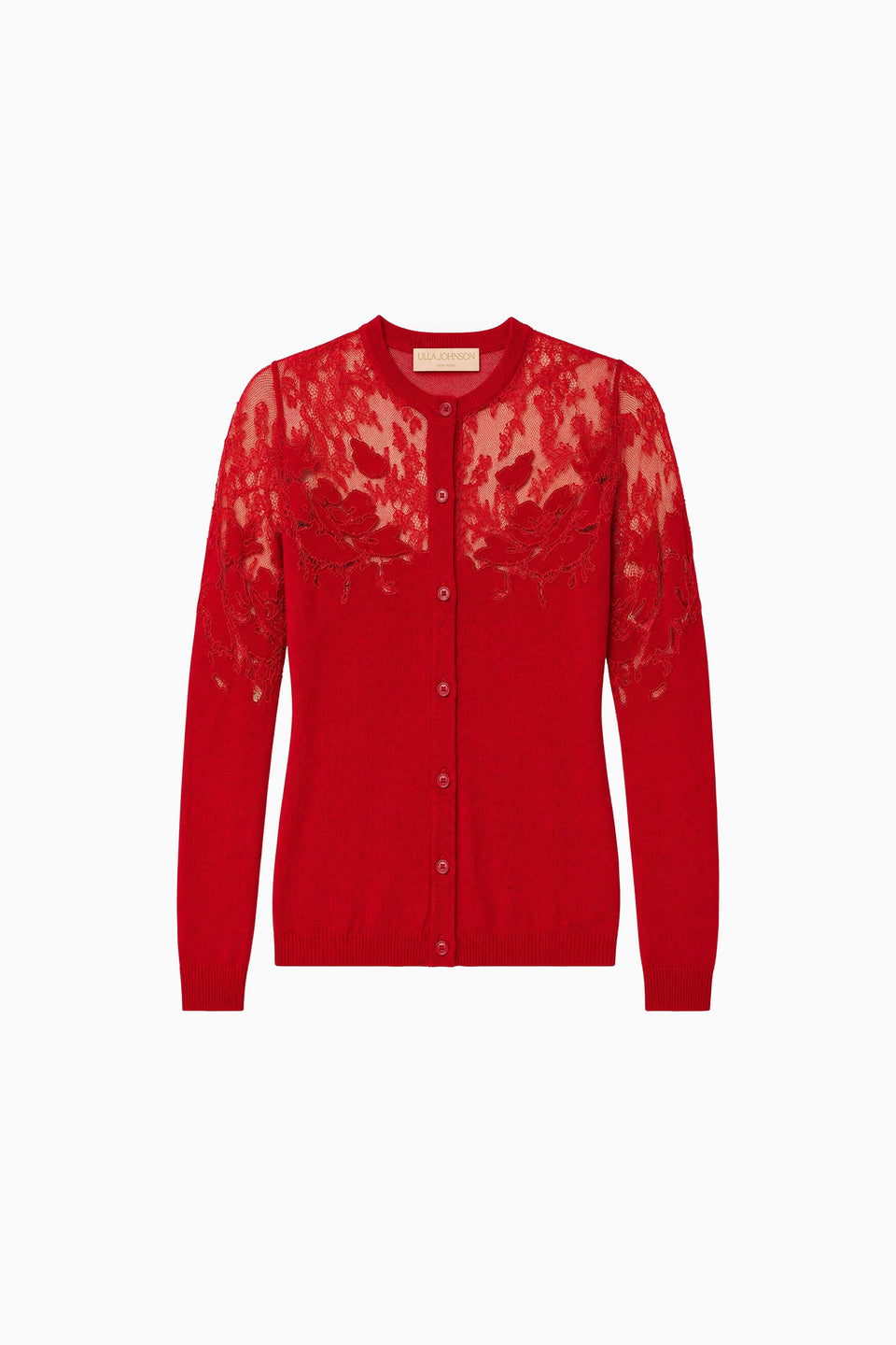 Cerise Merino Wool Talia Lace Cardigan - Flat Lay, Designer Knitwear | Ulla Johnson