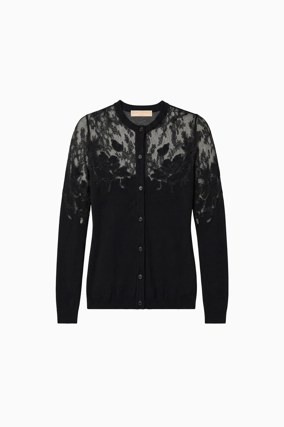 Noir Merino Wool Talia Lace Cardigan with Floral Embroidery - Flat Lay | Ulla Johnson