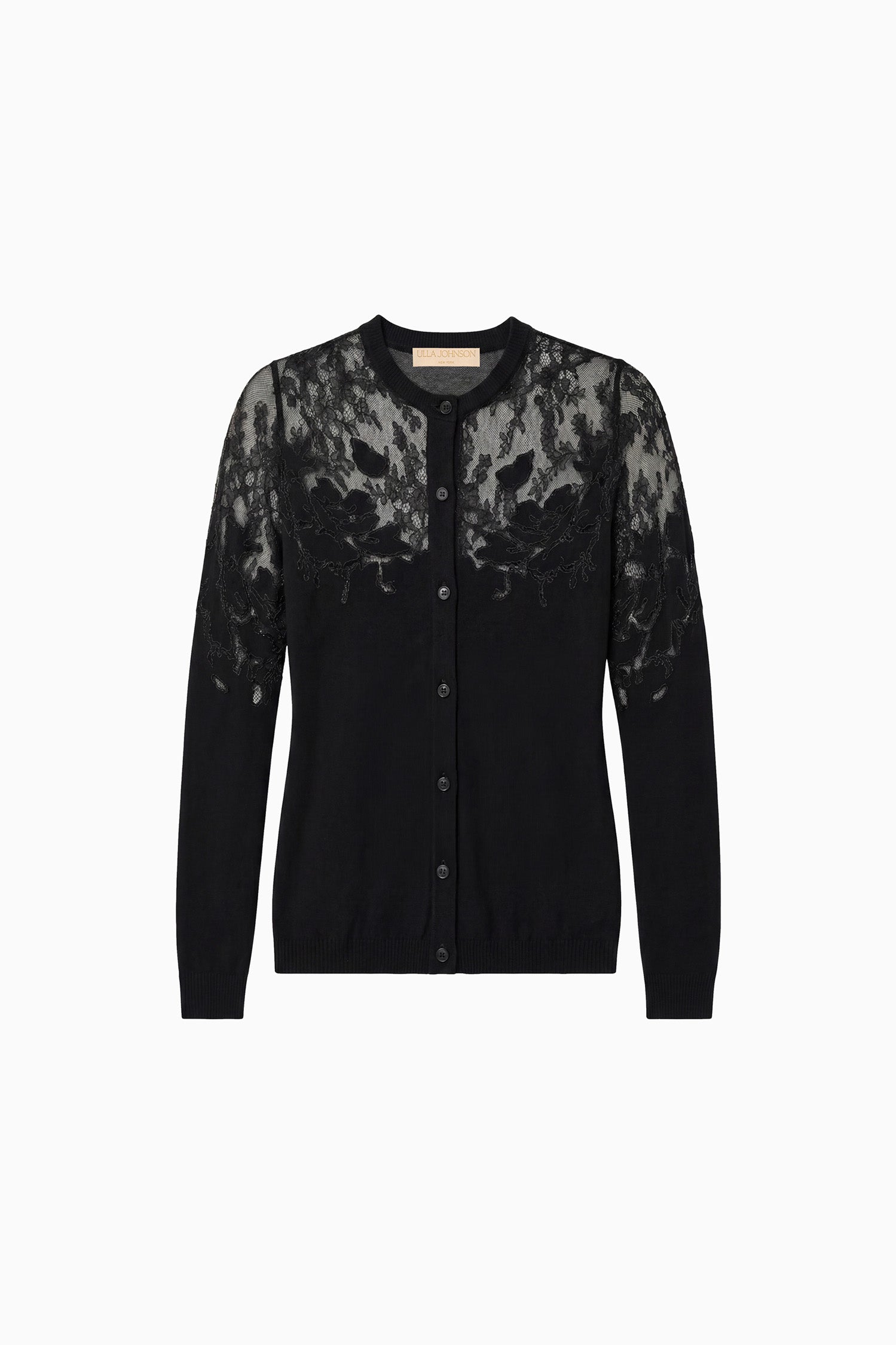 Ulla Johnson Noir Merino Wool Talia Lace Cardigan with Floral Embroidery - Flat Lay | Ulla Johnson