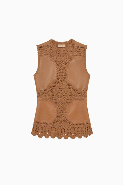 Camel Crochet & Leather Sleeveless Top - Flat Lay, Scalloped Hem Detail | Ulla Johnson