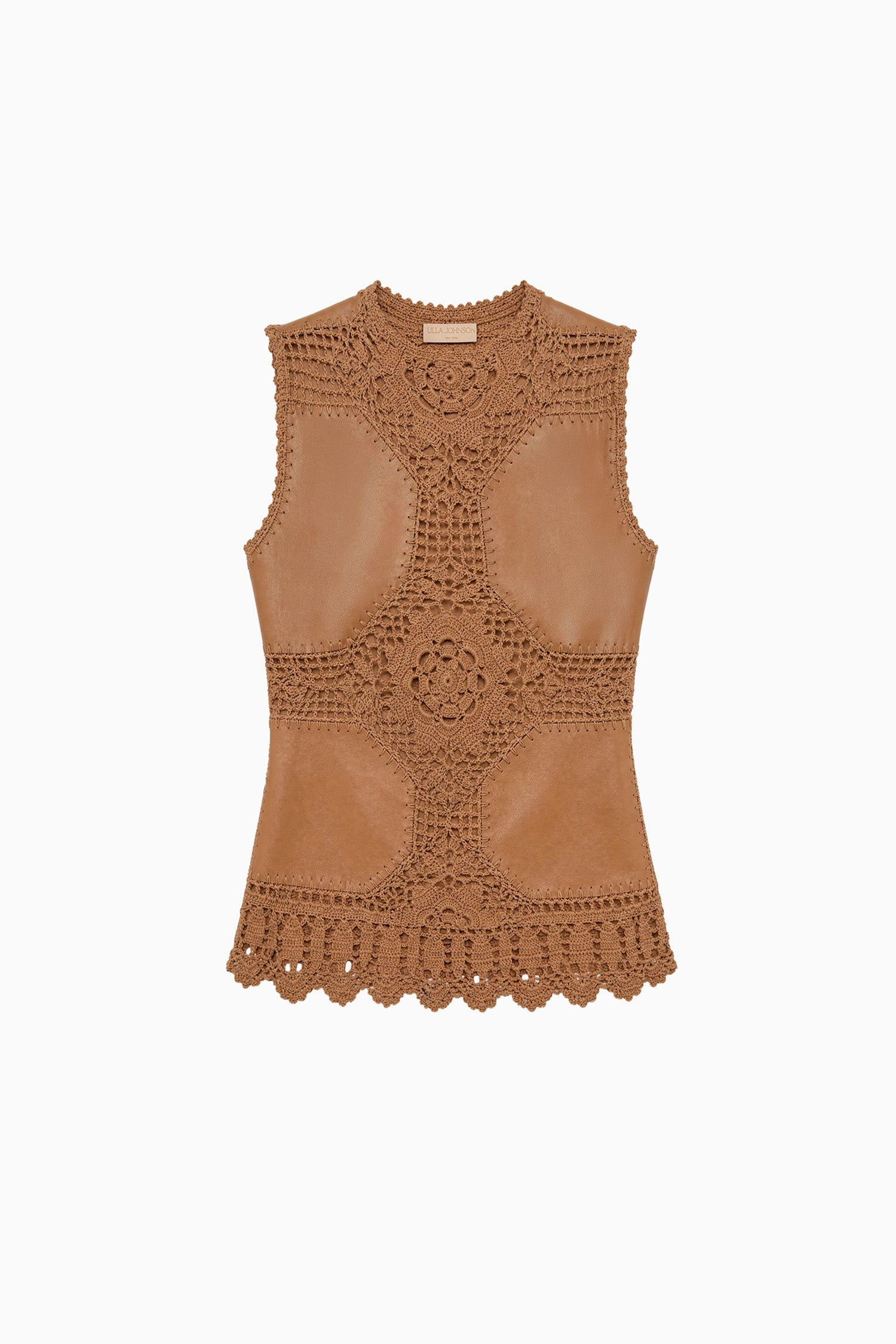 Ulla Johnson Camel Crochet & Leather Sleeveless Top - Flat Lay, Scalloped Hem Detail | Ulla Johnson