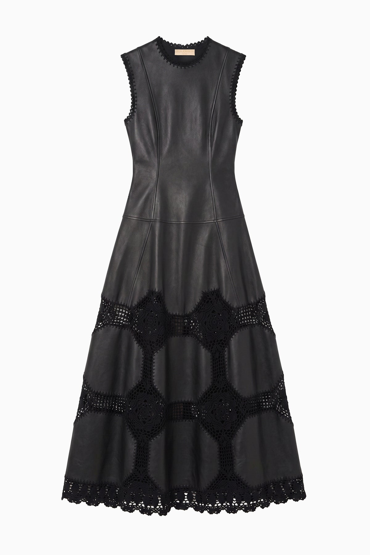 Noir Luxury Leather & Crochet Sleeveless Midi Dress - Flat Lay | Ulla Johnson