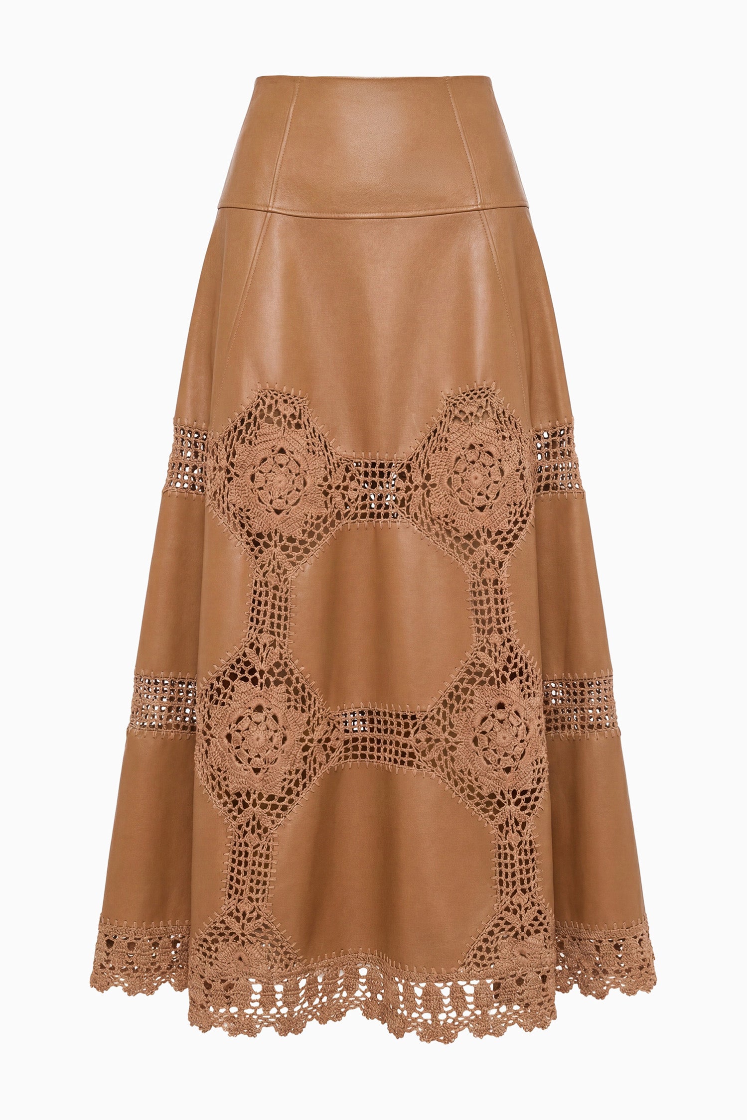 Ulla Johnson ⁣⁢Jupe Maxi Camel en Cuir &amp; Crochet Designer - Vue à plat | Ulla Johnson⁤⁣