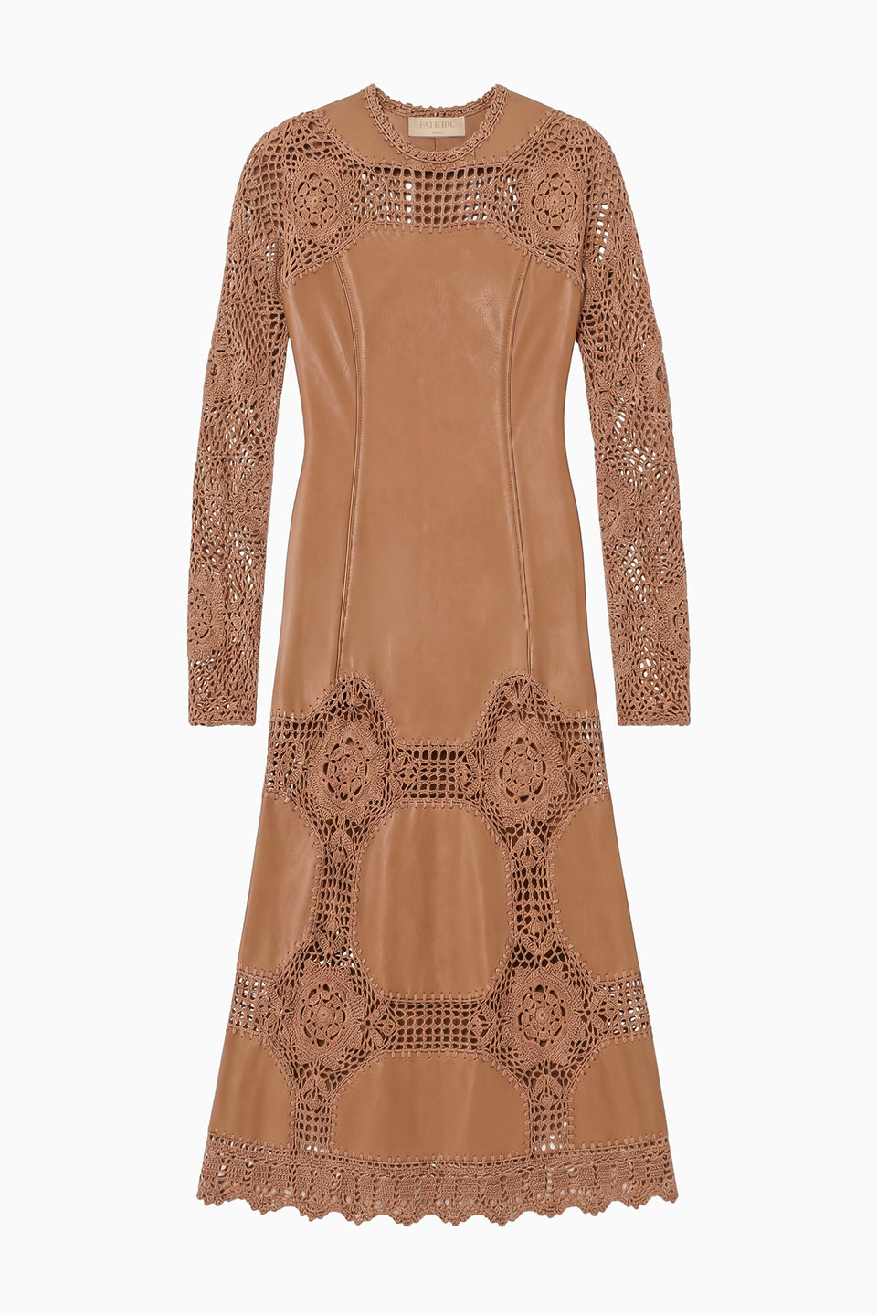 Camel Designer Leather & Geometric Crochet Long Sleeve Midi Dress - Flat Lay | Ulla Johnson