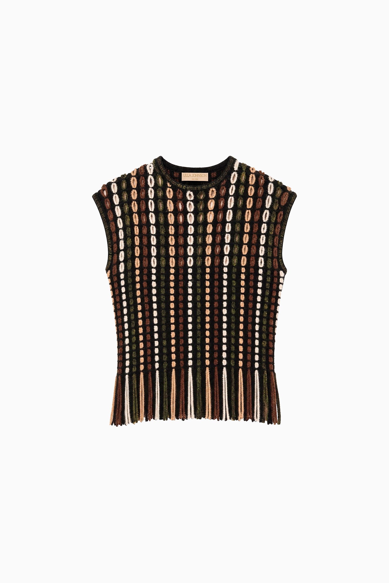 Ulla Johnson Noctis Multicolor Eyelet Merino Wool Knit Top with Fringe - Flat Lay | Ulla Johnson