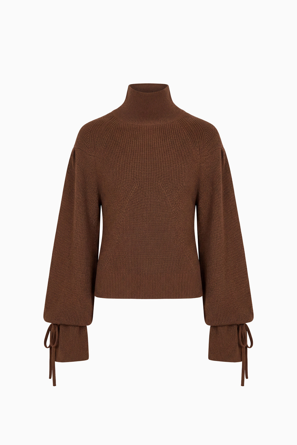 Clove Merino Wool Turtleneck Pullover - Flat Front View, Tie-Cuff Detail | Ulla Johnson