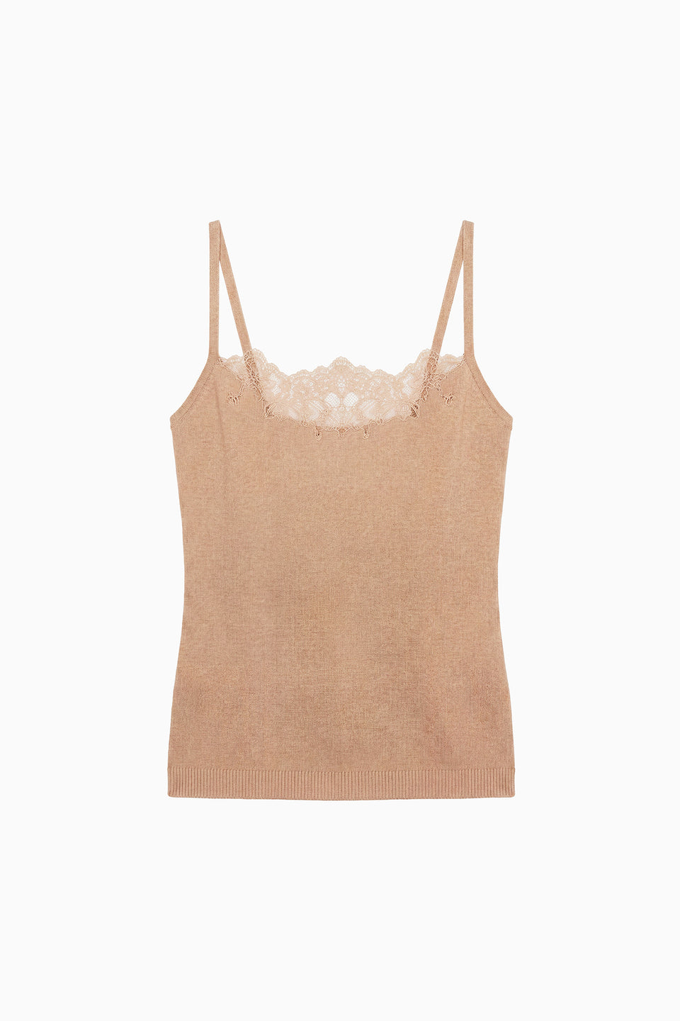 Almond Merino Wool Lace Cami - Flat Lay, Floral Lace Neckline Detail | Ulla Johnson