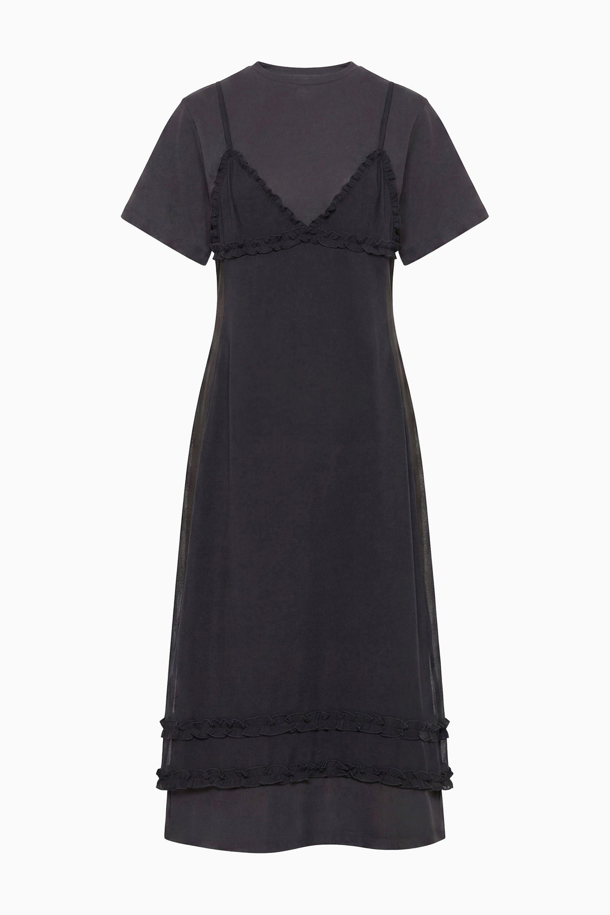 Noir Luxury Cotton Midi Dress with Ruffled Chiffon Trim - Flat Front | Ulla Johnson