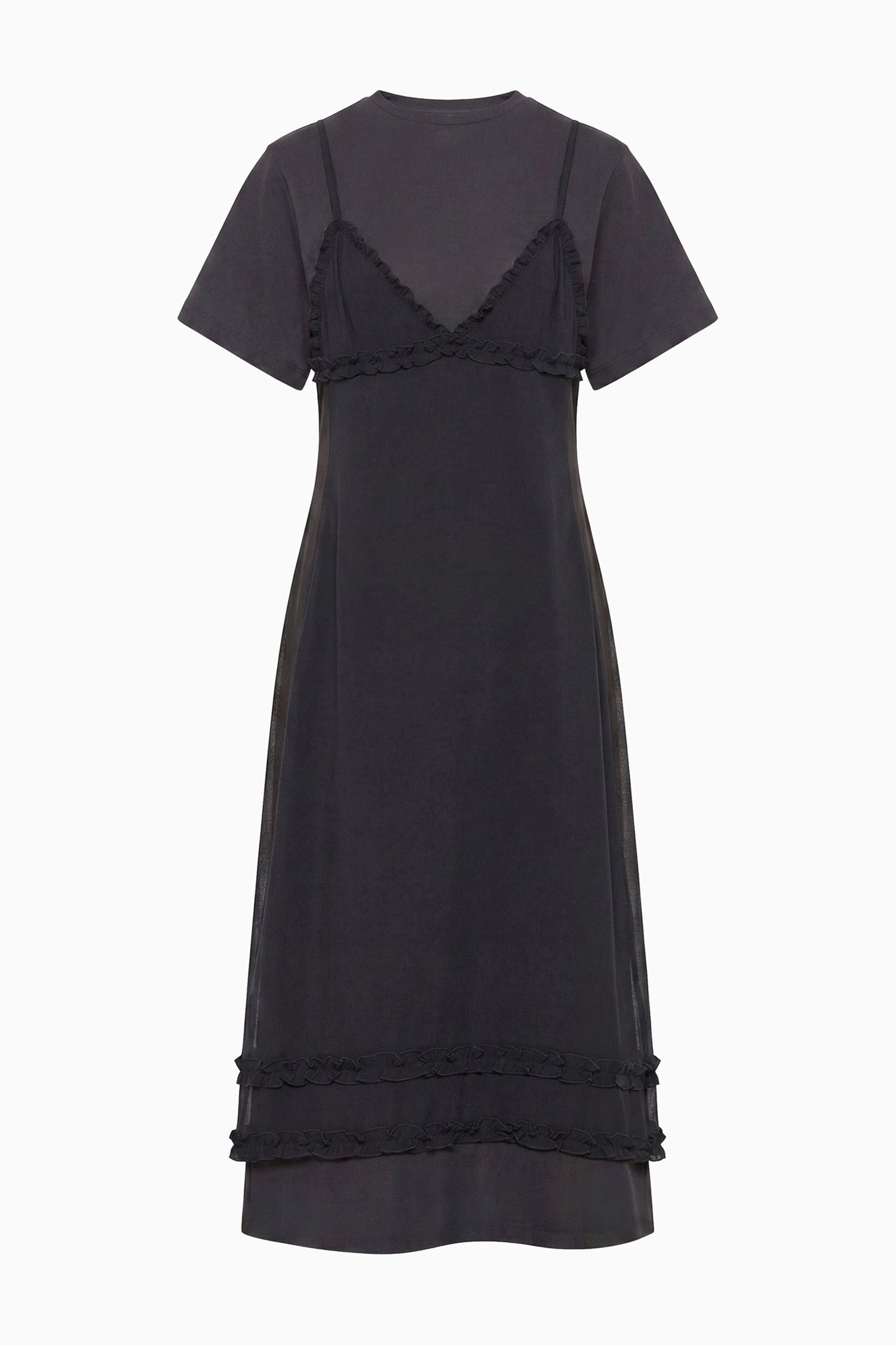 Ulla Johnson Noir Luxury Cotton Midi Dress with Ruffled Chiffon Trim - Flat Front | Ulla Johnson