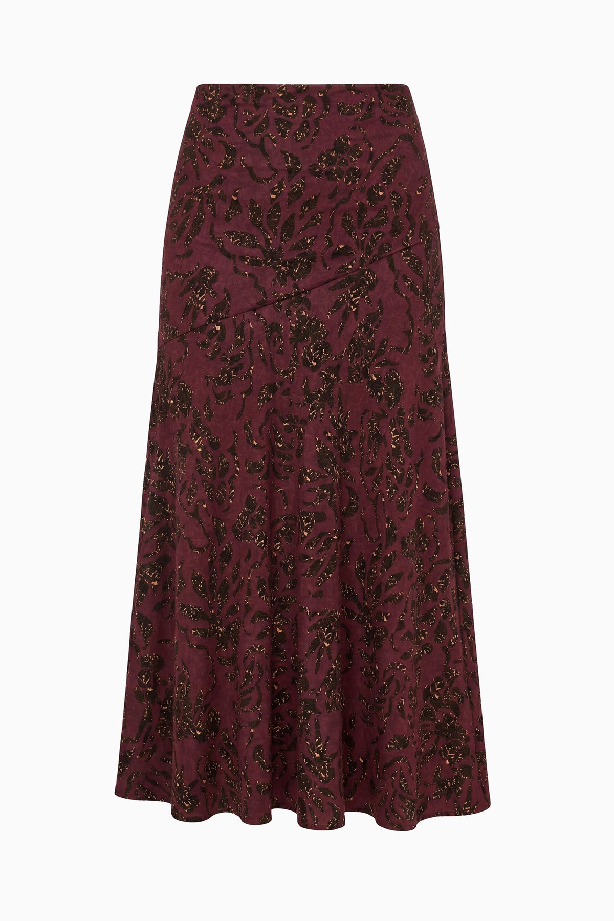 Claret Floral Viscose Jersey Flare Midi Skirt - Flat Lay Product View | Ulla Johnson