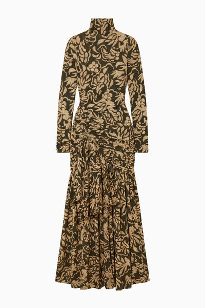 Khaki Floral Draped Jersey Maxi Dress - Flat Lay, Full Length | Ulla Johnson