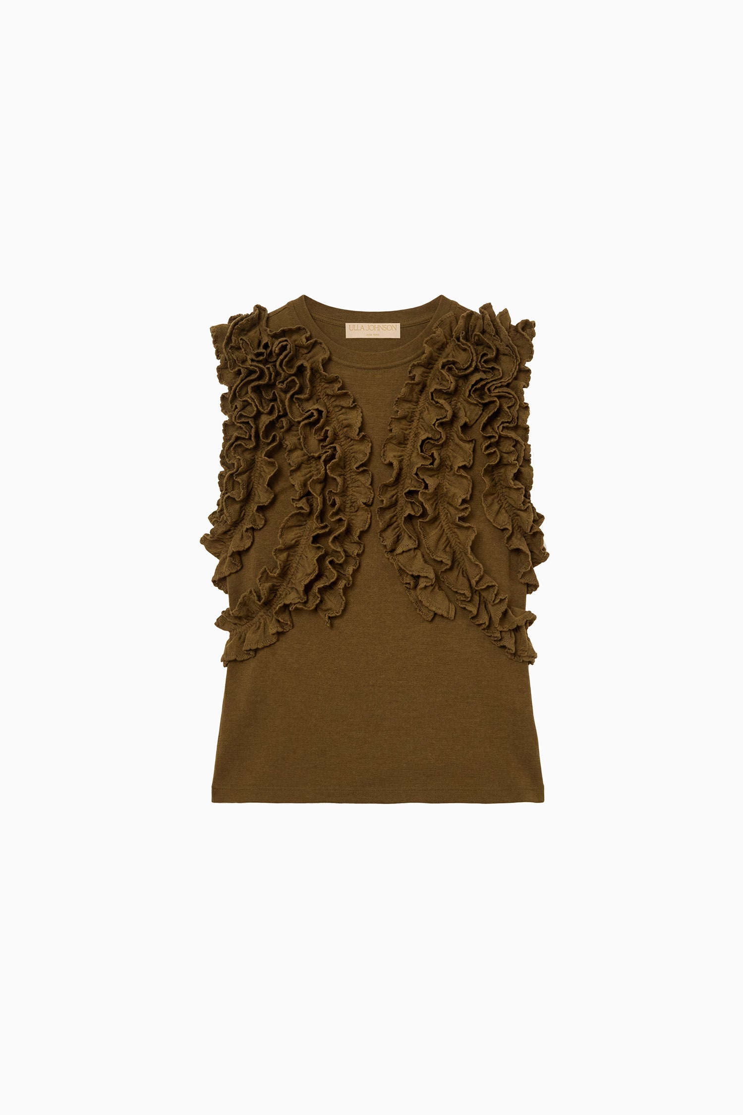 Ulla Johnson ⁣⁢Top in lusso di lana Loden con volant - Flat Lay, modello smanicato di design | Ulla Johnson⁤⁣