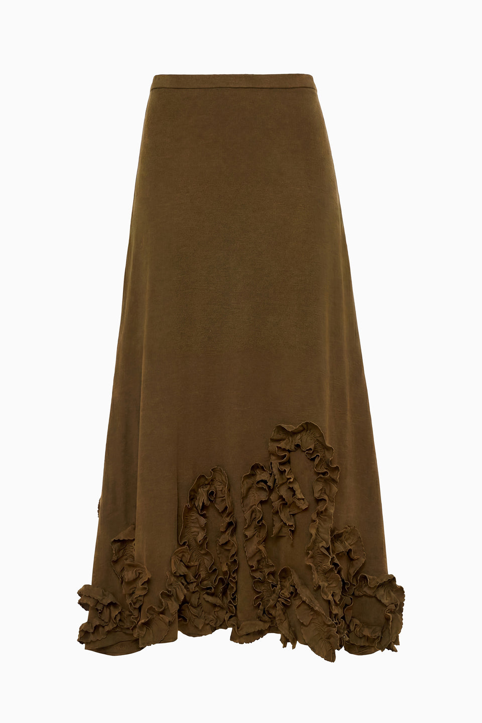 Loden Premium Wool Jersey Midi Skirt - Flat Lay, Cascading Ruffle Hem Detail | Ulla Johnson