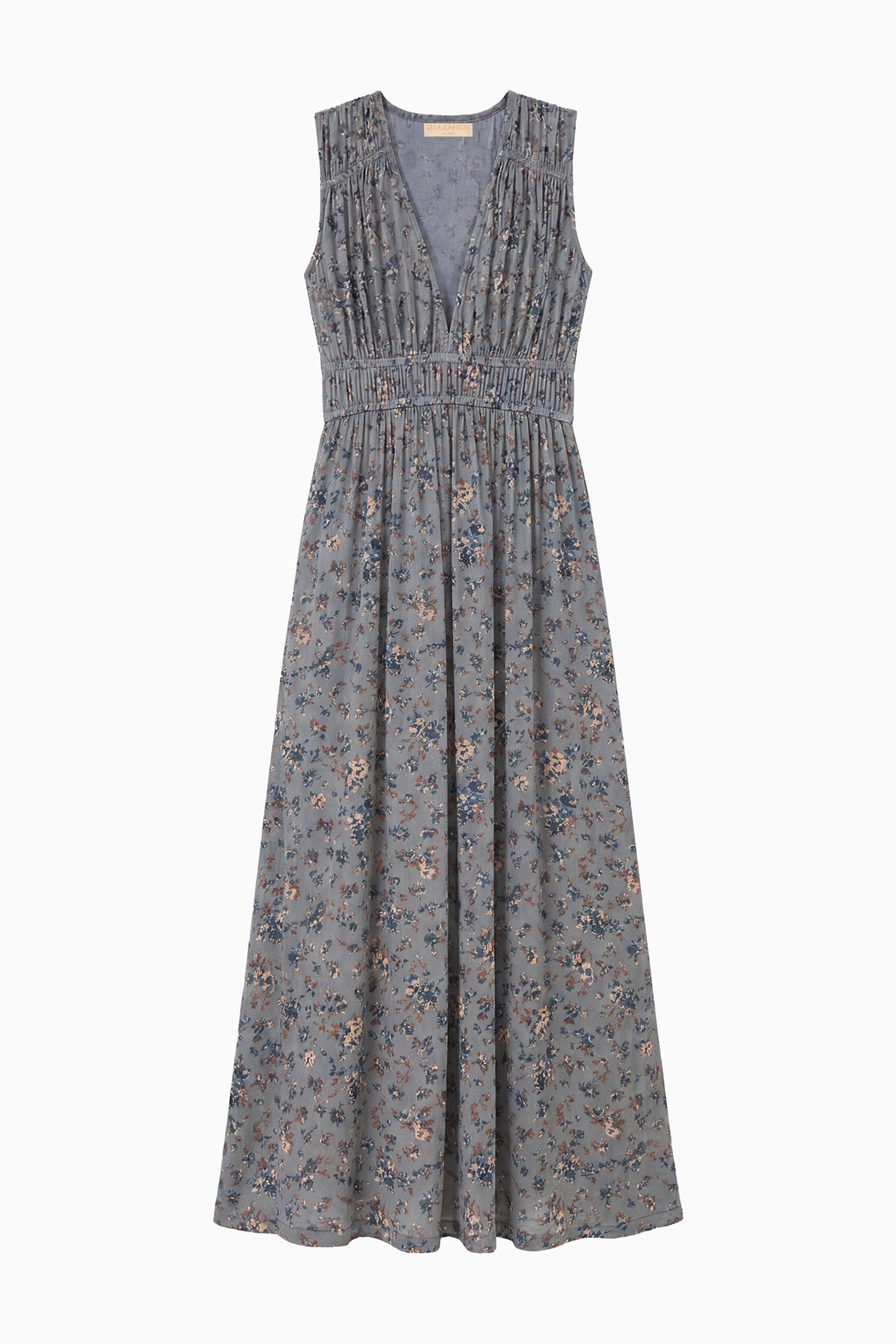 Ulla Johnson Celeste Floral Jersey Midi Dress, V-Neck Gathered Waist - Flat Lay | Ulla Johnson