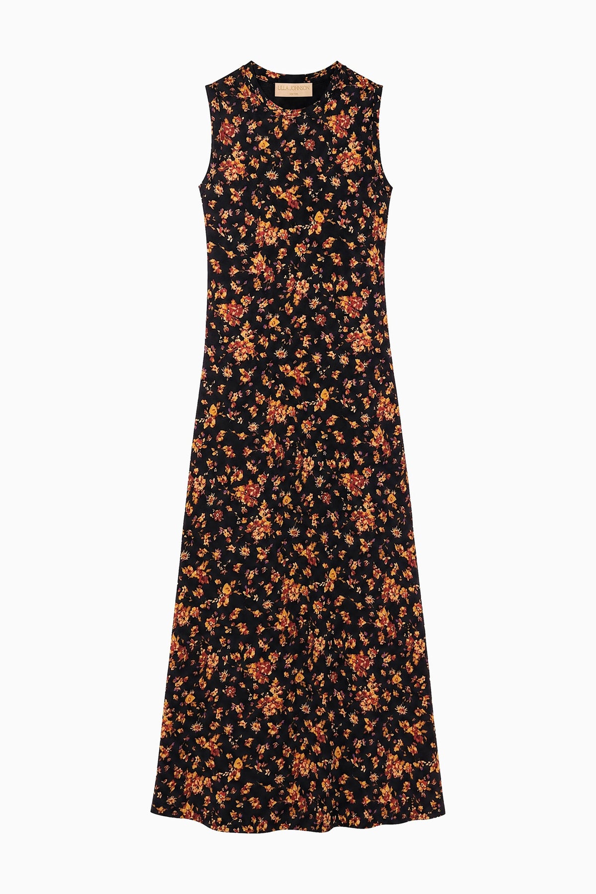 ⁣⁢Robe Maxi Sans Manches en Jersey Noir Floral - Vue à Plat, Robe de Créateur de Luxe | Ulla Johnson⁤⁣