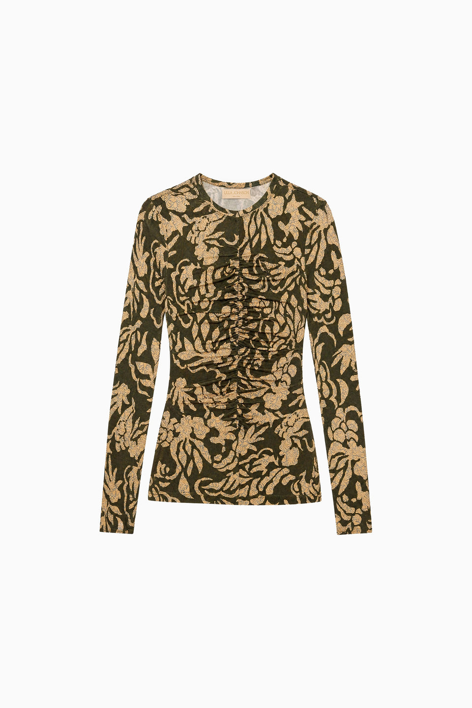 Khaki Floral Designer Jersey Long Sleeve Top with Gathered Seam - Flat Lay | Ulla Johnson