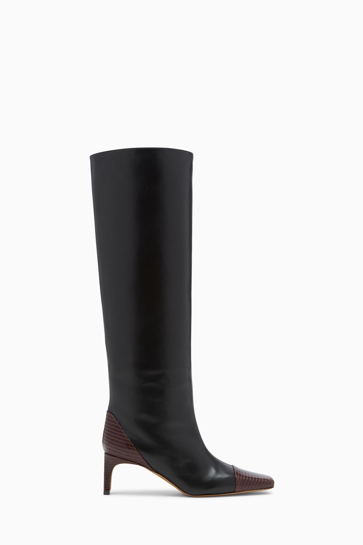 Noir Leather Knee High Boot with Lizard-Embossed Toe Cap - Side View | Ulla Johnson