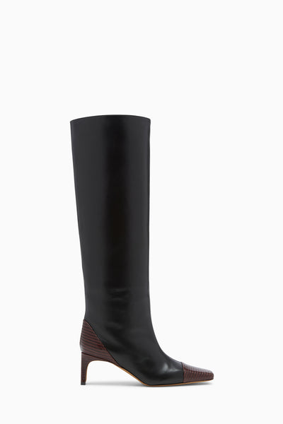 Noir Leather Knee High Boot with Lizard-Embossed Toe Cap - Side View | Ulla Johnson