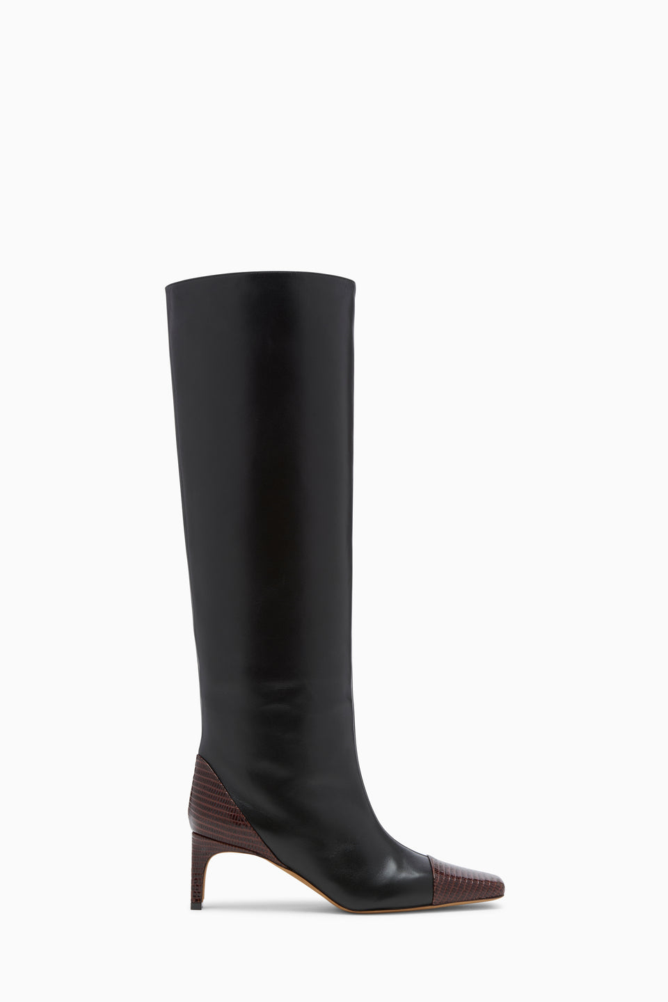 Noir Leather Knee High Boot with Lizard-Embossed Toe Cap - Side View | Ulla Johnson