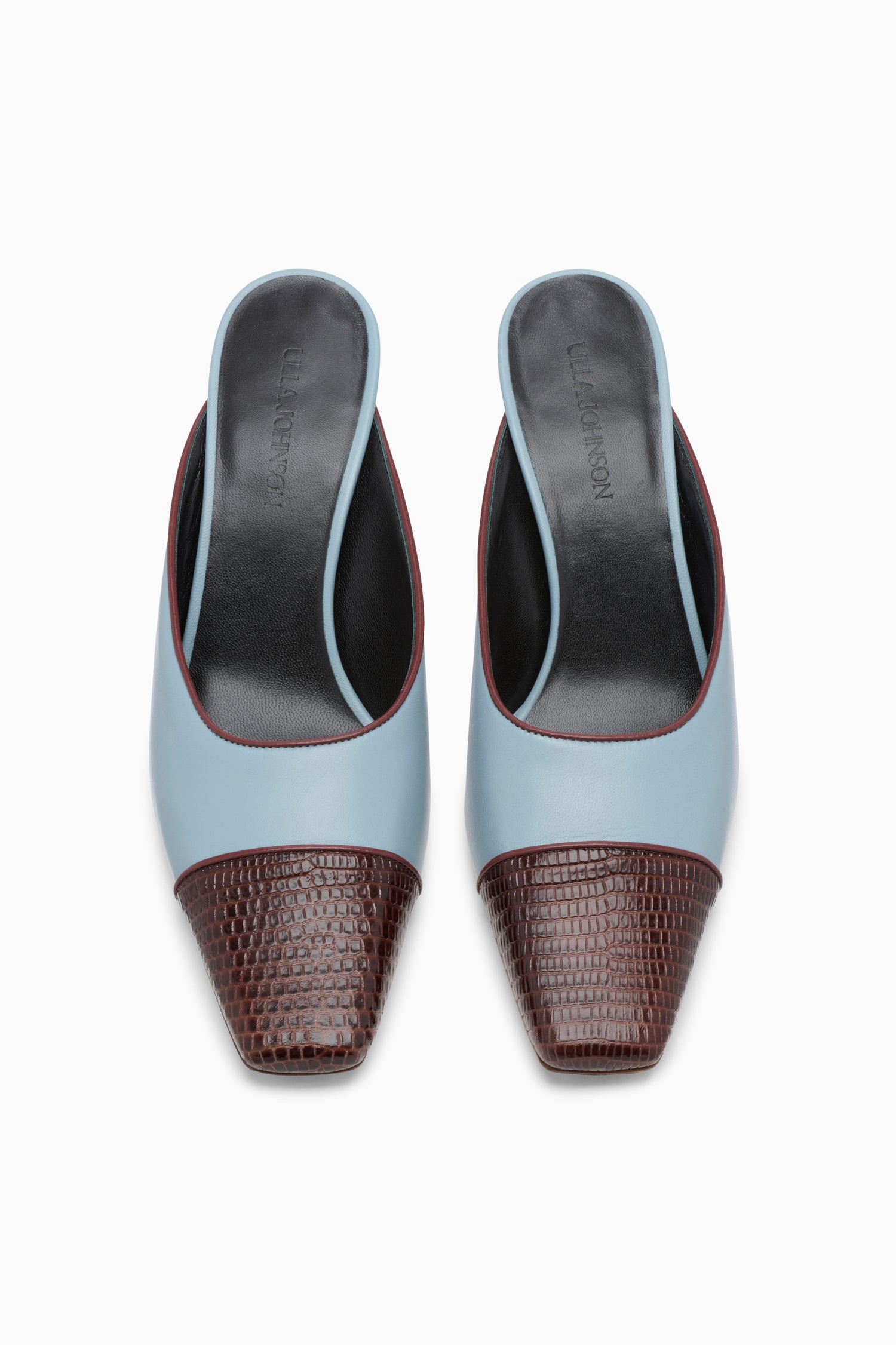 Ulla Johnson Arctic Blue Luxury Leather Mule Pair - Top-Down View Showing Branded Insole | Ulla Johnson