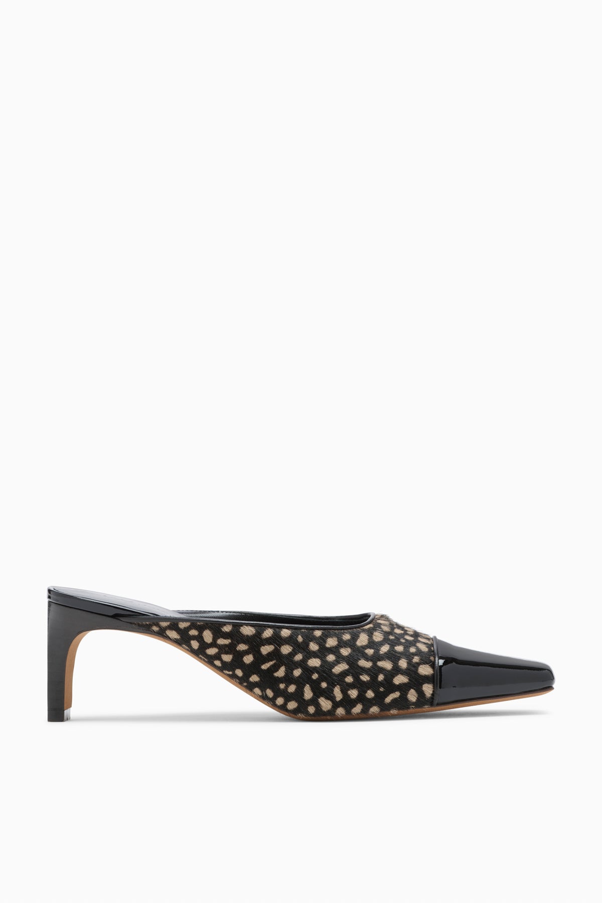 Spotted Calf Hair & Patent Leather Mid Heel Mule - Side View | Ulla Johnson