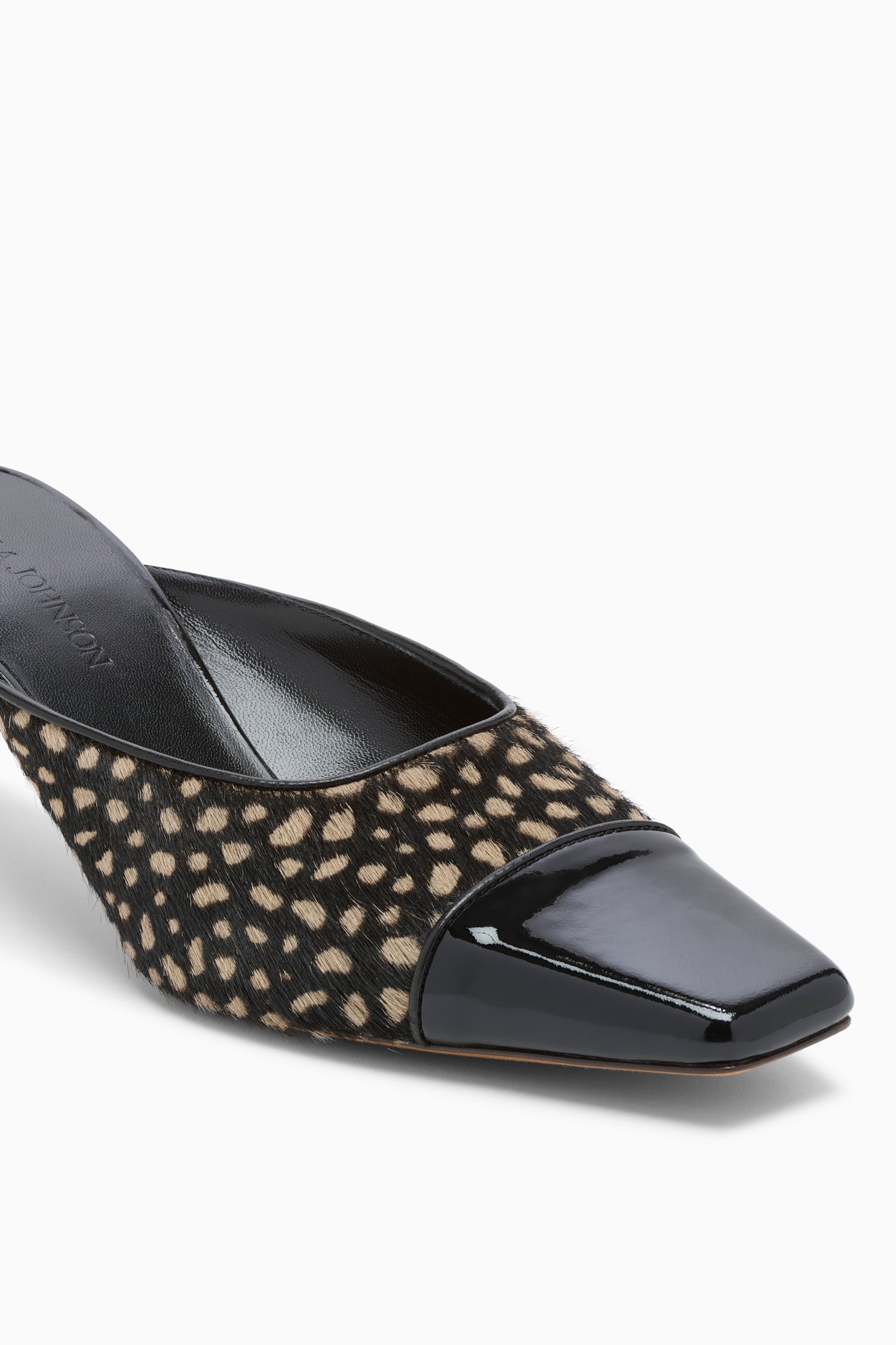 Ulla Johnson Spotted Calf Hair Mule - Square Toe & Patent Leather Cap Close-Up Detail | Ulla Johnson