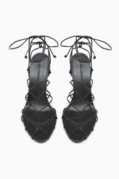 Noir Designer Caged Ankle-Tie Sandal Heels - Top-Down Pair View | Ulla Johnson