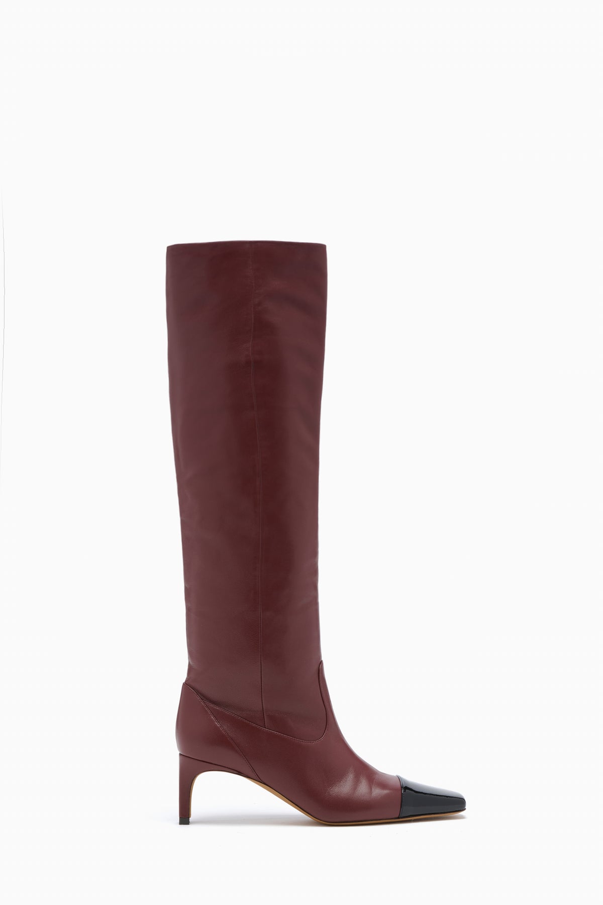 Mahogany Calfskin Knee High Boot, Patent Cap Toe - Side Profile | Ulla Johnson