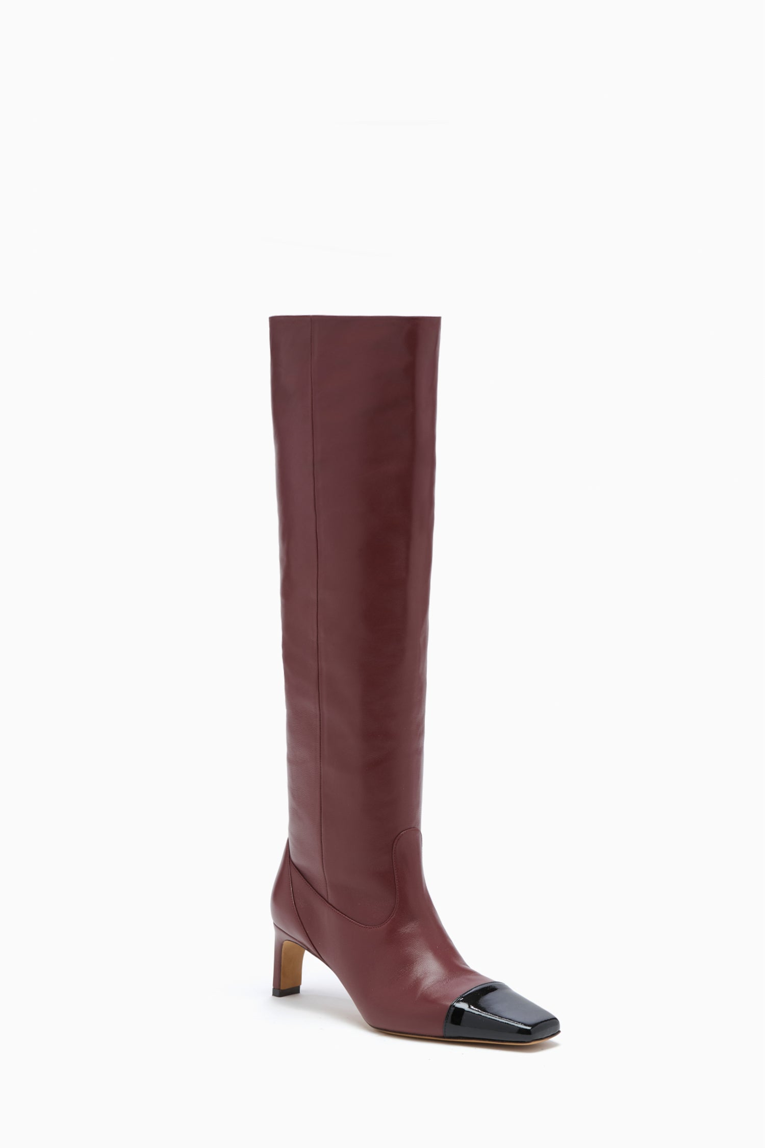 Ulla Johnson Mahogany Leather Knee High Boot, Angled Side View with Patent Toe Cap | Ulla Johnson