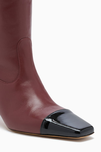 Mahogany Leather Knee High Boot, Patent Square Toe Cap - Close-Up Detail | Ulla Johnson