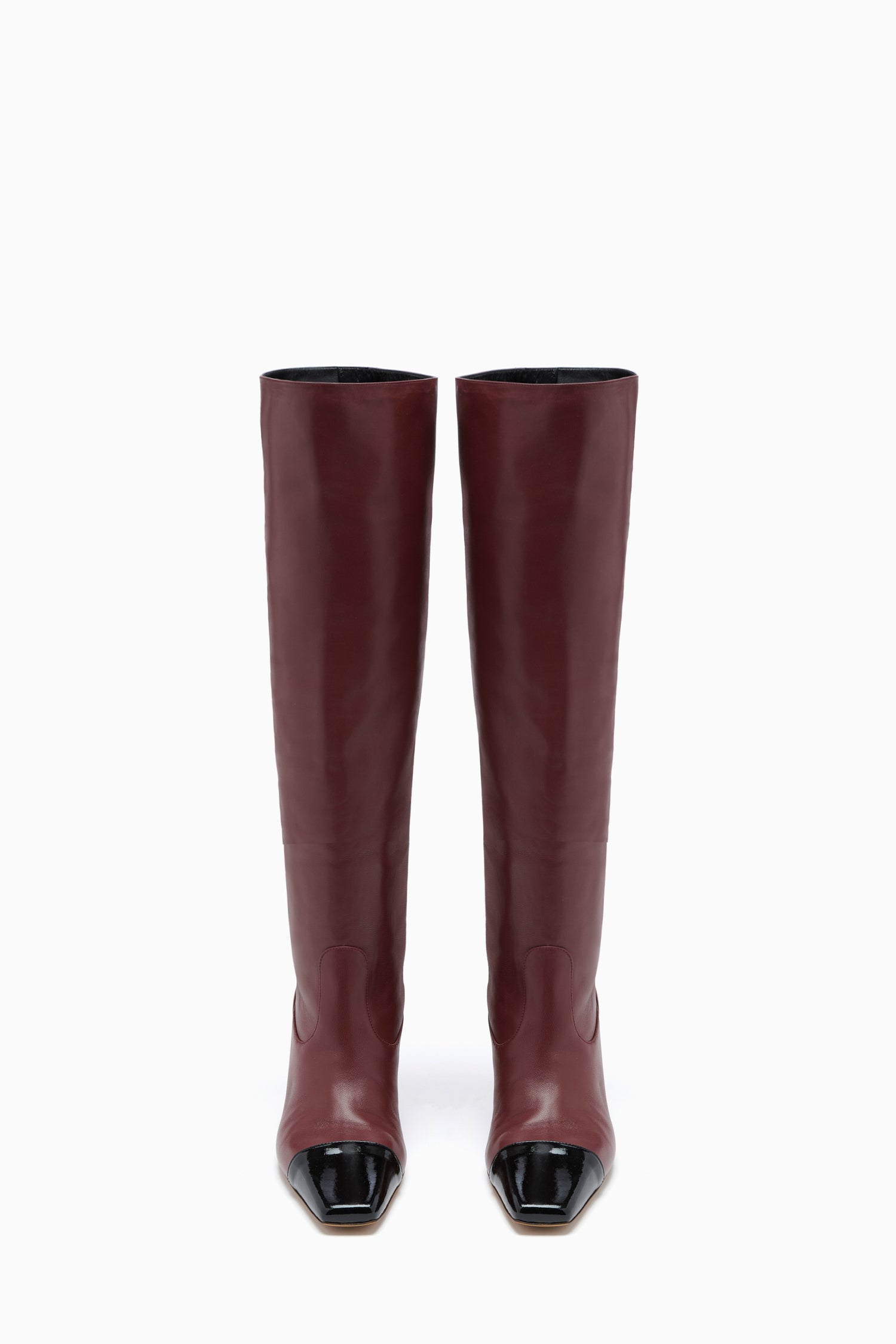 Ulla Johnson Mahogany Calfskin Knee High Boots, Pair Front View with Patent Cap Toe | Ulla Johnson