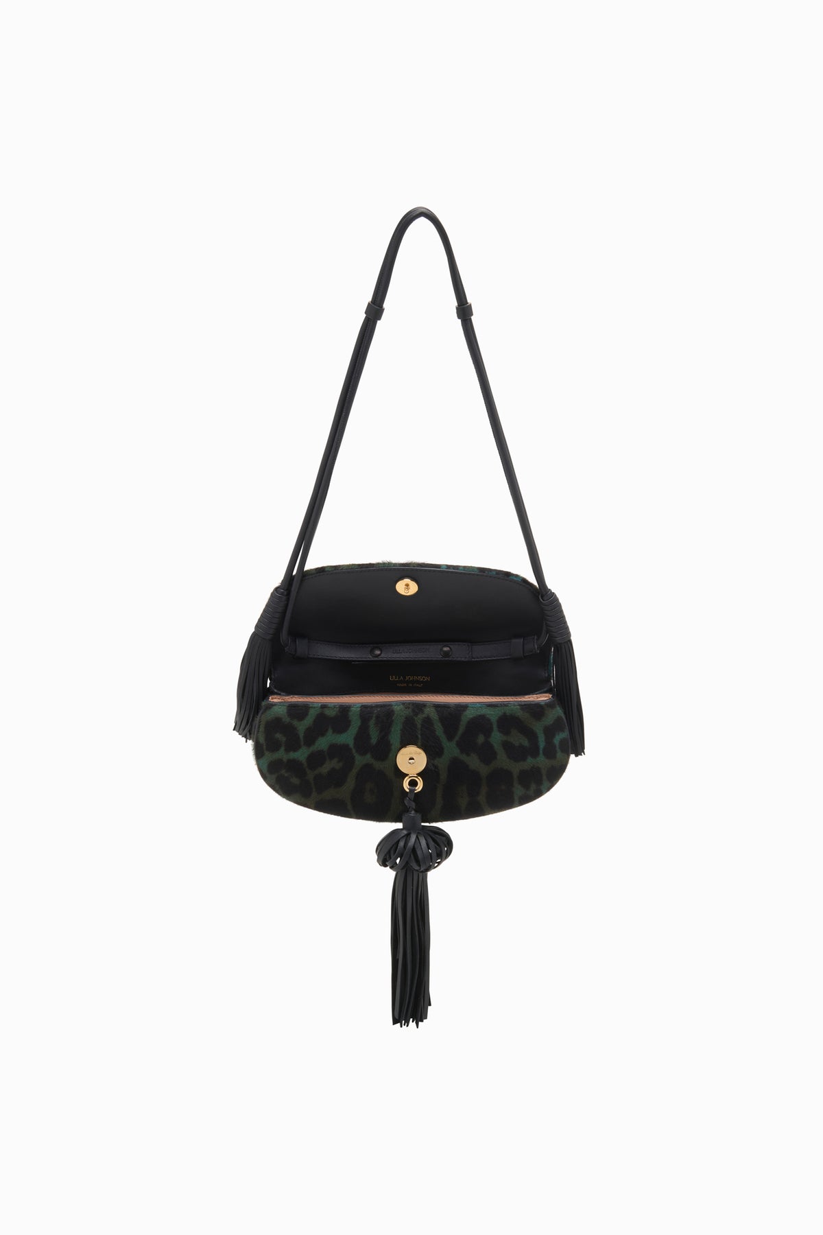 Emerald Leopard Paloma Flap Tassel Bag - Interior Open View, Black Lining | Ulla Johnson