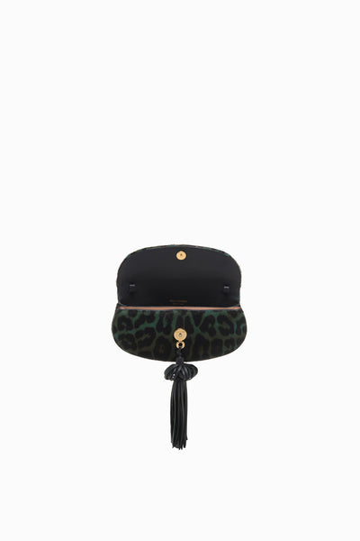 Emerald Leopard Paloma Flap Tassel Bag - Interior Open View, No Strap | Ulla Johnson