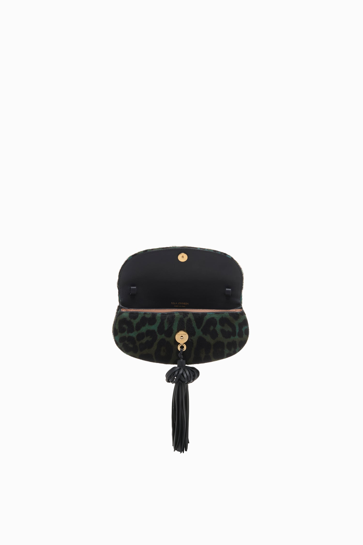 Ulla Johnson Emerald Leopard Paloma Flap Tassel Bag - Interior Open View, No Strap | Ulla Johnson
