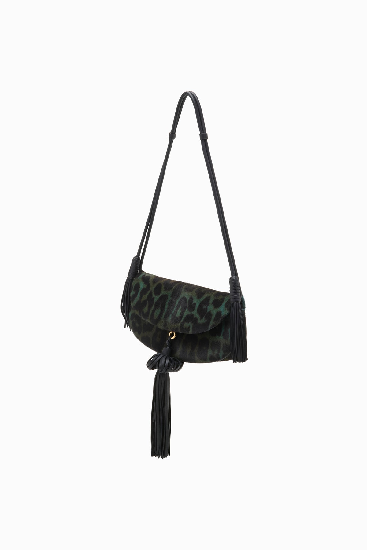Emerald Leopard Paloma Flap Tassel Bag - Side Angle with Crossbody Strap | Ulla Johnson