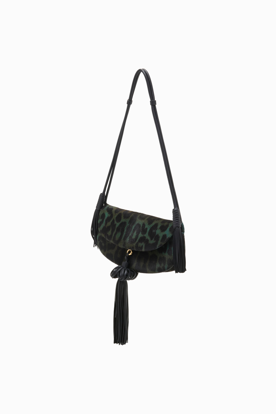 Emerald Leopard Paloma Flap Tassel Bag - Side Angle with Crossbody Strap | Ulla Johnson