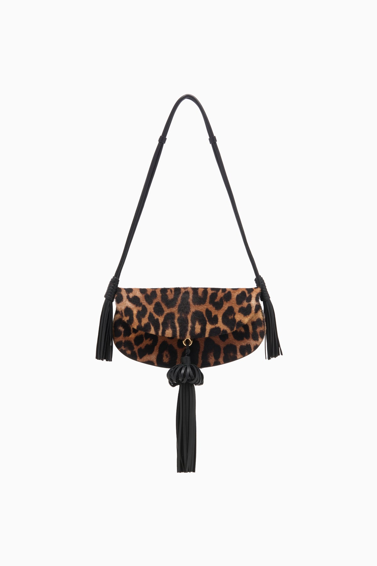 Leopard Calf Hair Flap Crossbody Bag with Black Leather Tassels - Front View | Ulla Johnson