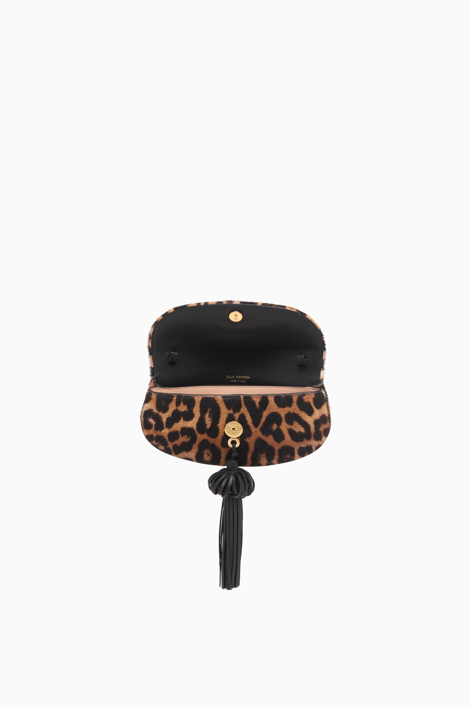 Ulla Johnson Leopard Calf Hair Luxury Crossbody Bag Open Interior Overhead View - Gold Closure | Ulla Johnson