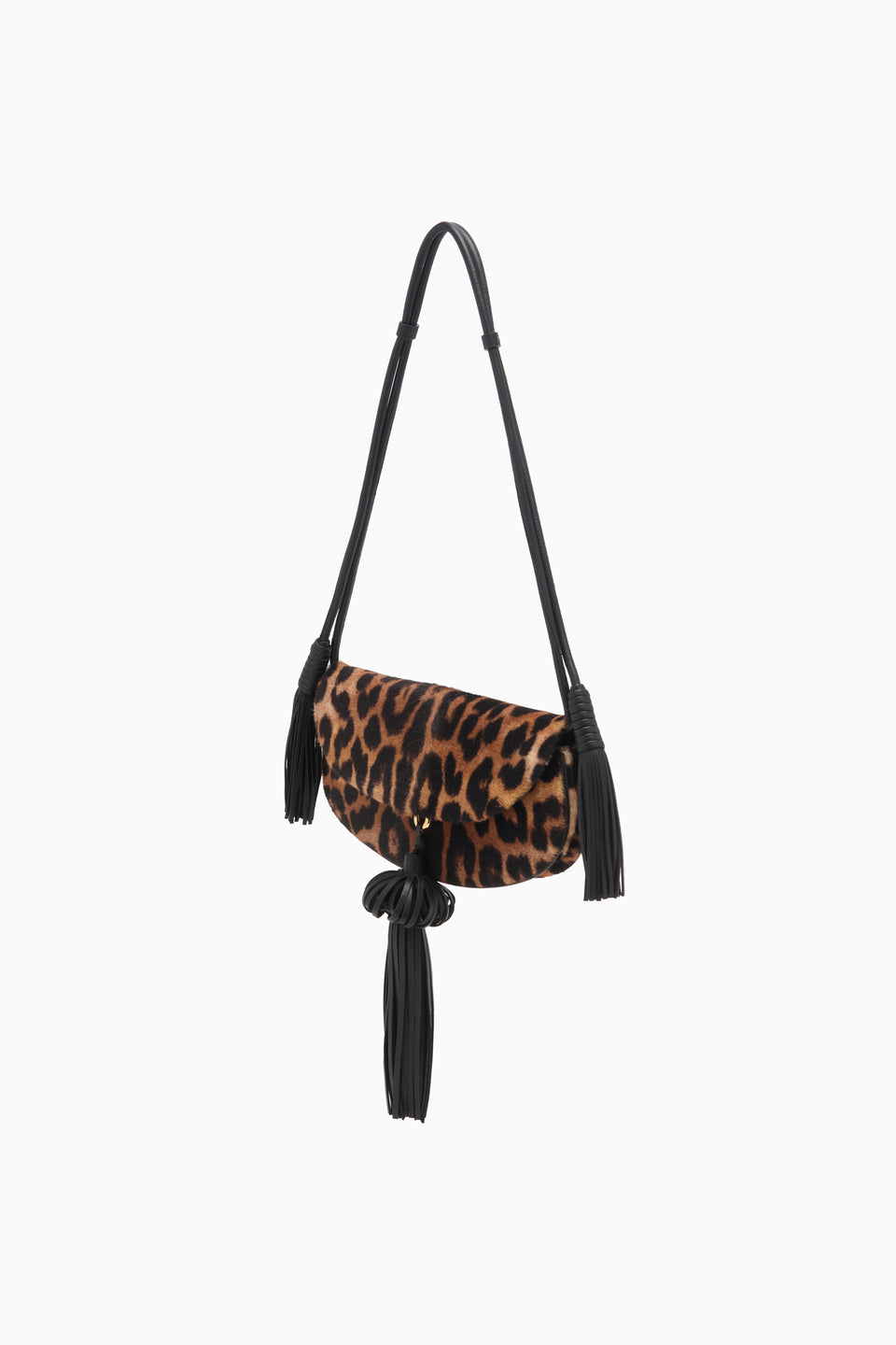 Leopard Calf Hair Designer Crossbody Bag with Black Leather Tassels - Side View | Ulla Johnson