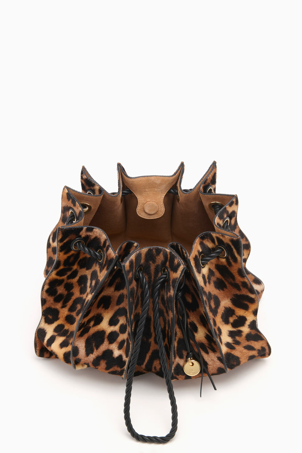 Leopard Calf Hair Adria Drawstring Tote - Interior View with Tan Leather Lining | Ulla Johnson