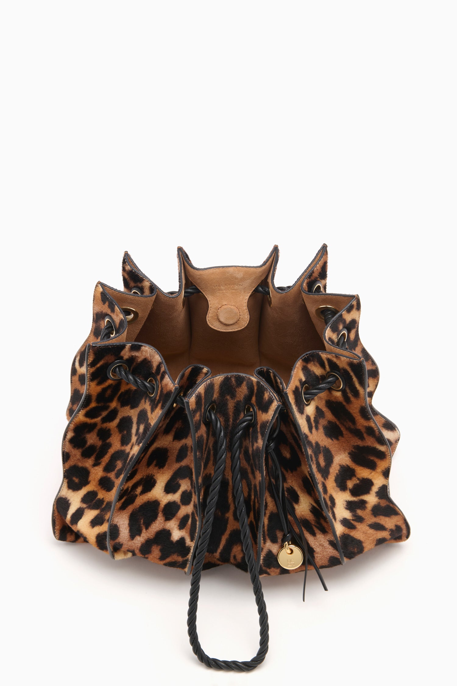 Ulla Johnson Leopard Calf Hair Adria Drawstring Tote - Interior View with Tan Leather Lining | Ulla Johnson