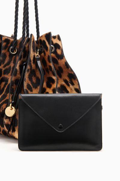 Leopard Adria Large Drawstring Tote with Black Leather Envelope Pouch - Styled Detail | Ulla Johnson