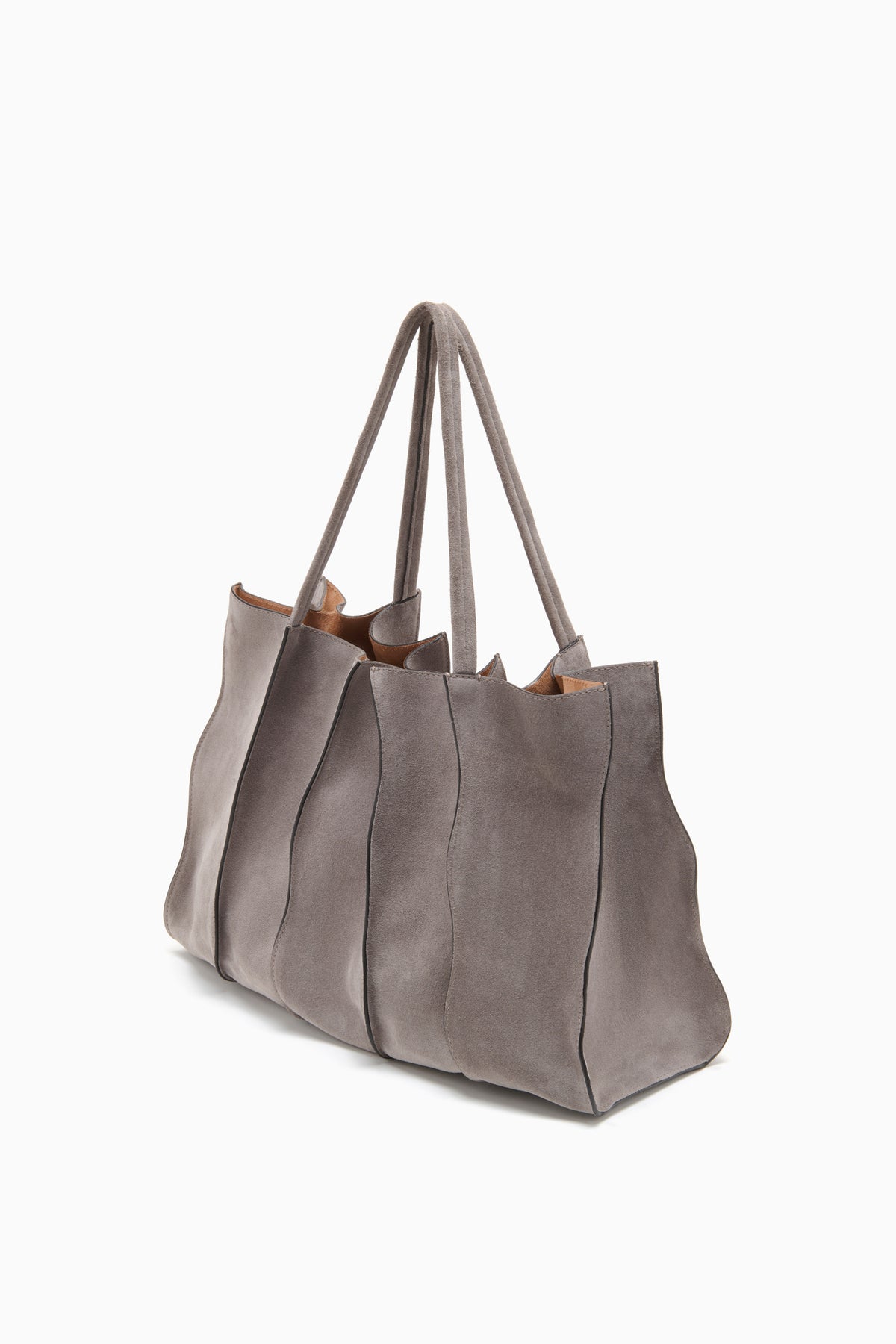 Dove Grey Suede Designer Tote - Three-Quarter Angle View | Ulla Johnson