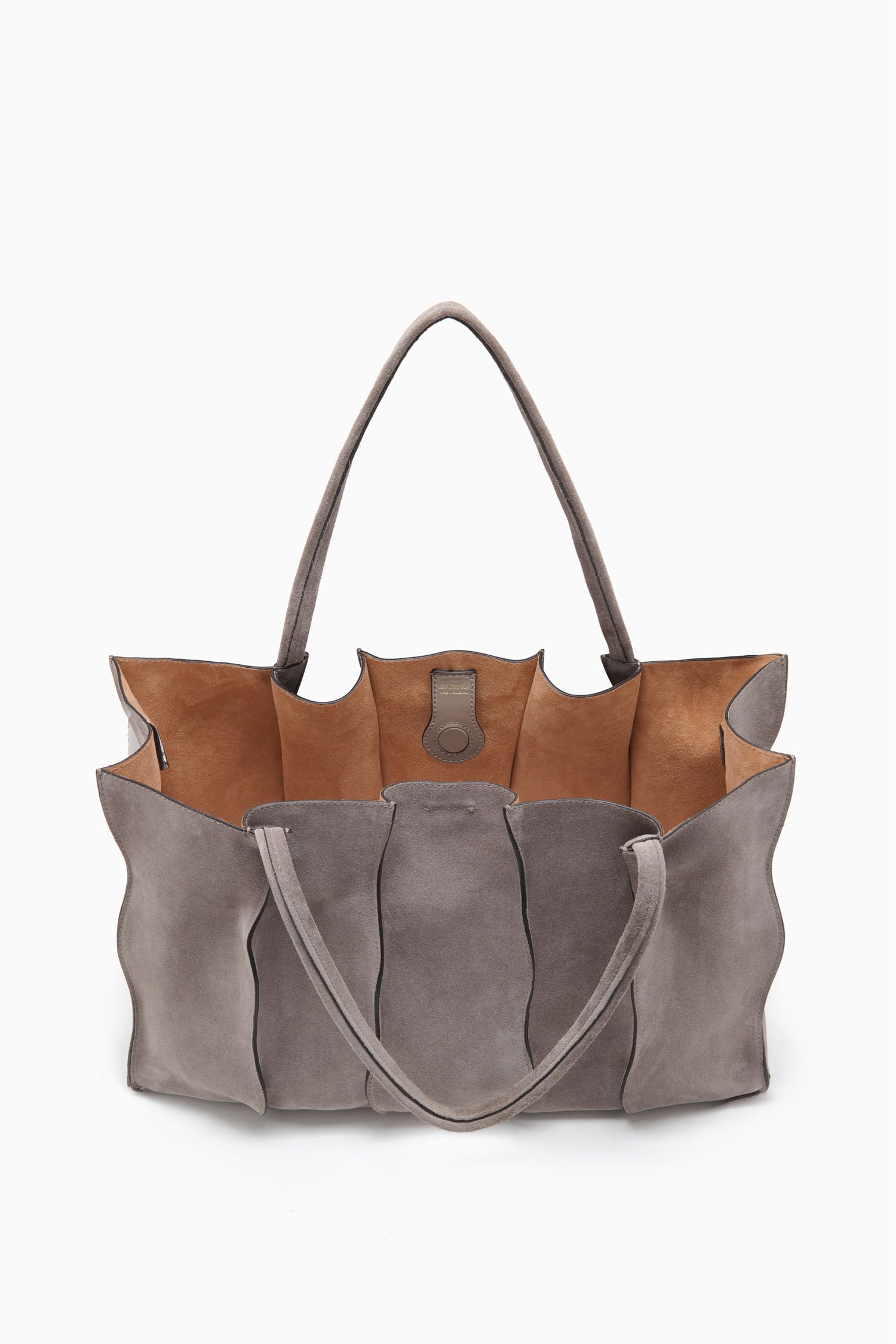 Ulla Johnson Dove Grey Suede Luxury Tote - Open Interior with Tan Lining View | Ulla Johnson