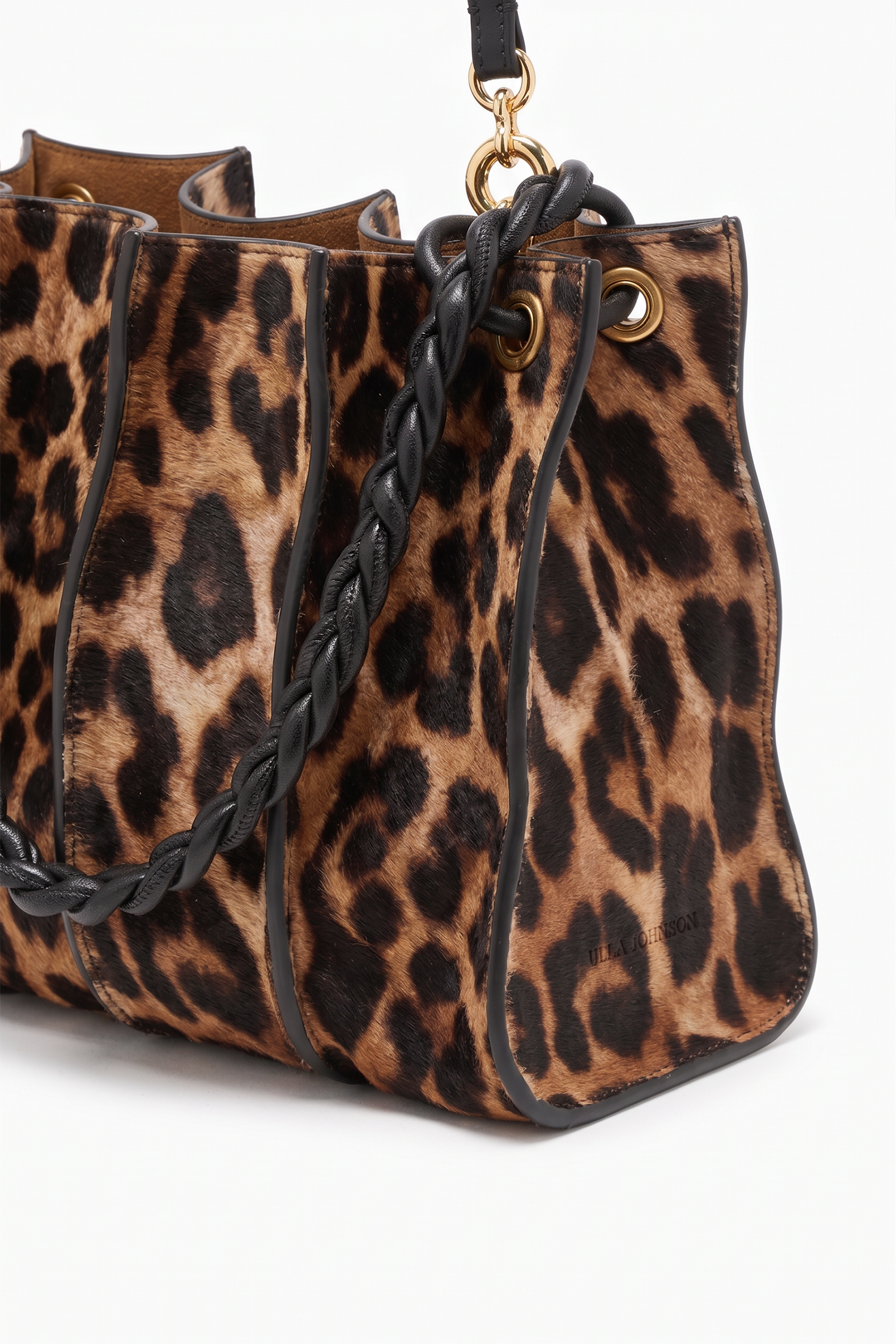 Ulla Johnson Leopard Haircalf Shoulder Bag - Close-Up Hardware and Braided Drawstring Detail | Ulla Johnson