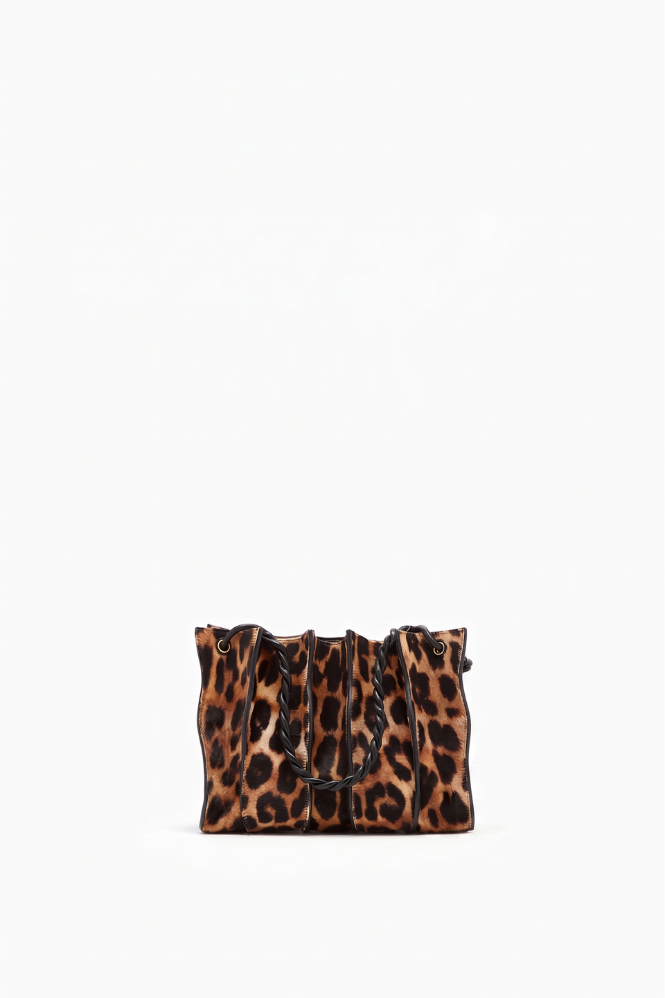 Leopard Haircalf Designer Shoulder Bag - Front View with Braided Short Handles | Ulla Johnson